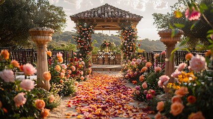 Wedding invitation featuring open area writing space right side scene capture romantic outdoor wedding ceremony beautifully decorated arch floral arrangement guest seated elegant chair writing space