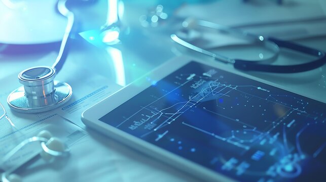 Tablet with medical interface, stethoscope, documents, blue tone, modern healthcare technology, closeup