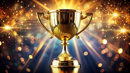 Golden trophy shining on stage with spotlights and fireworks