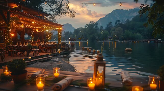 Wedding invitation featuring open area writing space left side scene show picturesque lakeside wedding elegant decor fairy light guest enjoying view writing space includes weddingthemed illustration