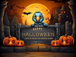 Happy Halloween creative poster design. Halloween background with cute parrot with black board, angry pumpkin, cartoon castles, full moon with bats. Can be used for banners, posters,invitations.