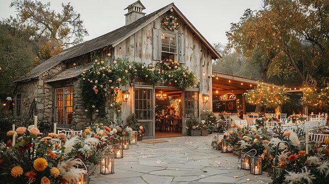 Wedding invitation featuring open area writing space left side scene show charming barn wedding rustic decor fairy light guest enjoying festivity writing space includes weddingthemed illustration
