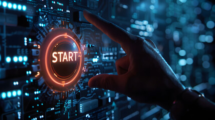 a hand pressing a futuristic, glowing "START" button, symbolizing the initiation of new projects or ideas.