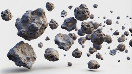 Flying asteroids cut out on white background, asteroid, space, rock, flying, cut out, isolated, outer space, impact