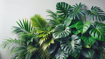 Lush tropical plant arrangement with monstera, palm, rubber plant, pine, and fern , green, tropical, plants, bush, monstera, palm