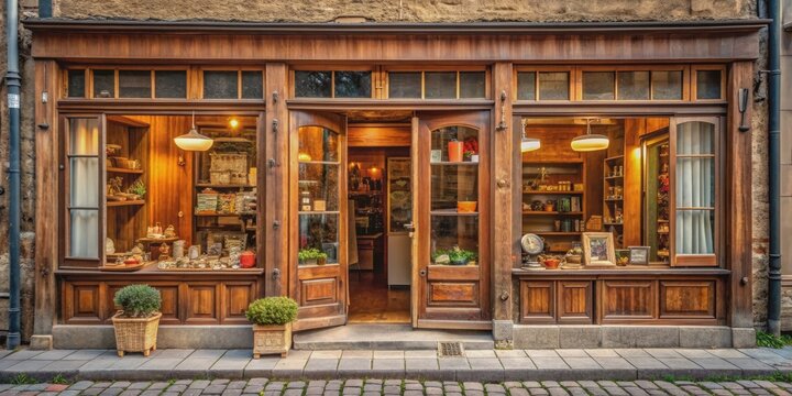 Vintage wooden shop facades in a small European village, showcasing a charming storefront vitrine , old, retro