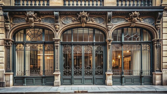Vintage Parisian storefront facade with intricate ironwork, arched windows, and elegant signage , Paris, France