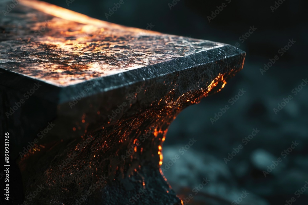 Poster a detailed view of a metal anvil on a table, ideal for uses such as diy projects or educational mate
