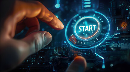 a hand pressing a futuristic, glowing "START" button, symbolizing the initiation of new projects or ideas.
