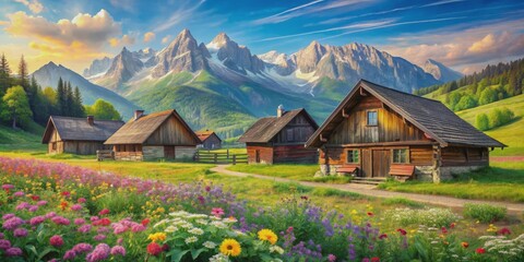 Fototapeta premium Idyllic countryside summer landscape with wooden old houses