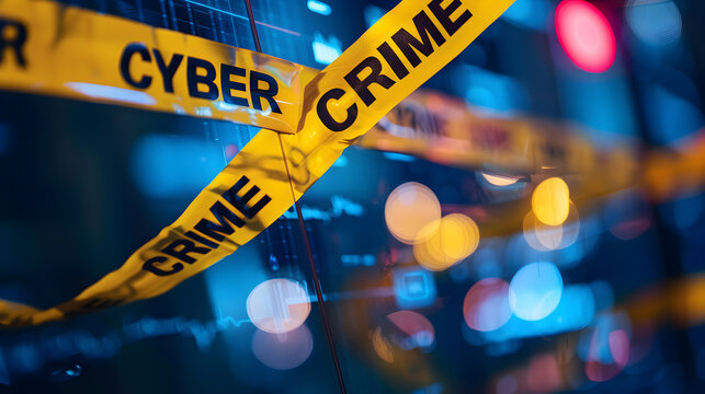 Prominent yellow crime scene tape emblazoned with the words "CYBER CRIME" repeatedly crosses over a blurred background