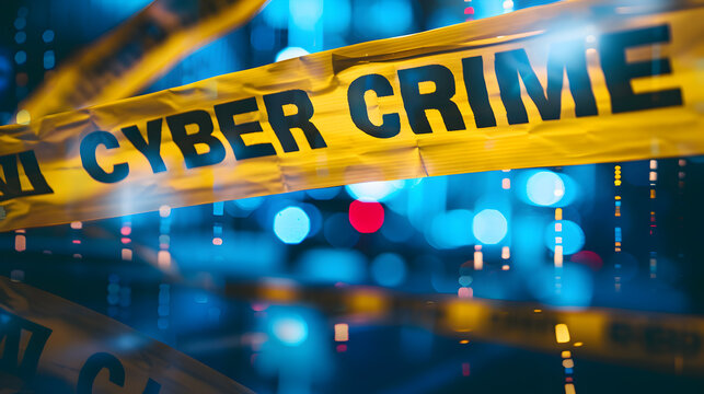 Prominent yellow crime scene tape emblazoned with the words "CYBER CRIME" repeatedly crosses over a blurred background