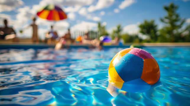 Closeup of a colorful ball floating in an idyllic swimming pool with defocused family cookout in background pool toy family vacation weekend pool party rainbow soccer ball