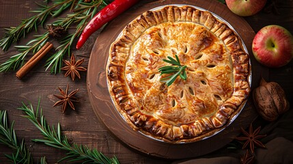 Apple Pie with Rustic Decorations on a Wooden Surface