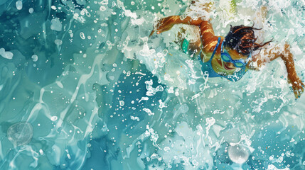 Underwater view of a person diving swimming alone in beautiful blue water ocean pool fun retro watercolor style vacation beach resort spa background with tranquil emotion solitude calm with copy space