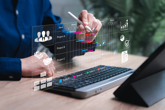 Project Manager Planning and Scheduling concept, Businesswomen plan work projects and organize management Timelines to Ensure the Timely Completion of Research and development processes or business