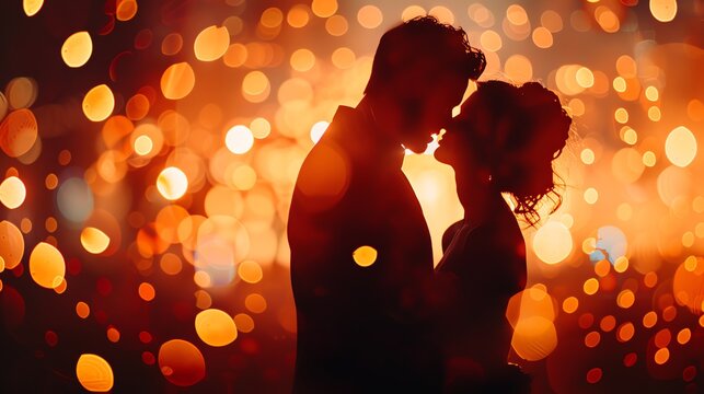 Romantic couple embracing surrounded by watercolor floral background. - Powered by Adobe