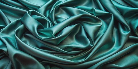 Fototapeta premium Luxurious dark teal green silk satin fabric with smooth, shiny surface and soft, flowing folds, providing an elegant background for design and creative expression.