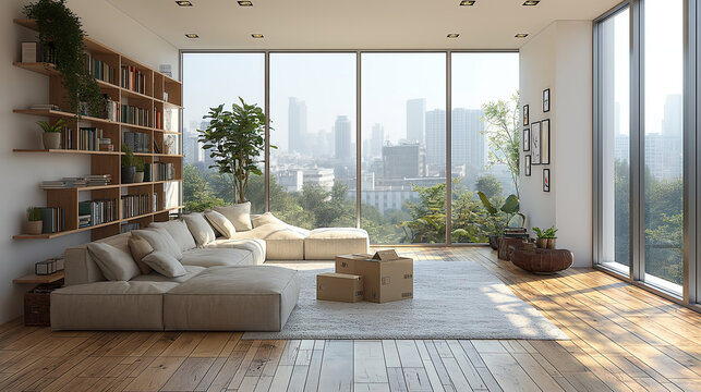 Modern living room with large windows, unpacked boxes, and bookshelf