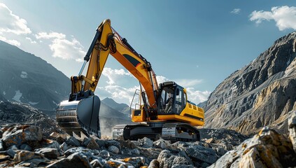 Excavator Working in a Mountainous Landscape