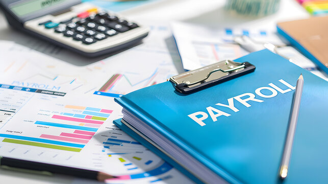payroll management. A prominent blue binder labeled "PAYROLL" takes center stage, representing the systematic approach required in handling employee compensation