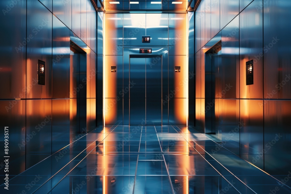 Aufkleber a long hallway with two elevators in a modern building