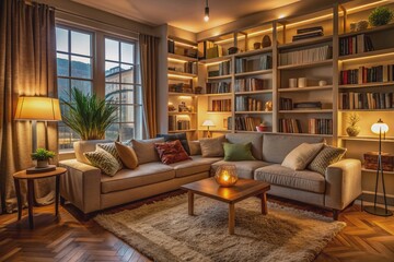 Fototapeta premium Cozy living room with plush couch, bookshelf, and warm lighting, inviting relaxation and tranquility, sans human presence.