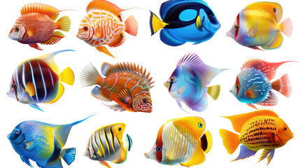 Various colorful sea fish on a white isolated transparent background