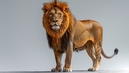Obraz premium Majestic Lion Standing Proudly Against a Gray Background