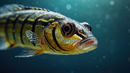 close-up of Zebrafish (though primarily freshwater, can be found in brackish waters), cinematic, deep sea background