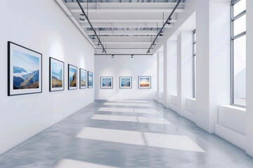 Fototapeta premium A long hallway lined with framed pictures on the walls, perfect for use in a gallery or museum setting
