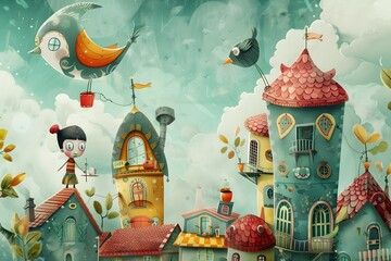 Whimsical Storybook with Quirky Fantasy Architecture and Charming Characters