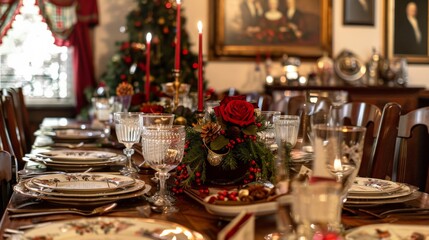 Traditional dining room set for a holiday meal with family portraits on the walls