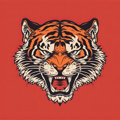 A fierce tiger head illustration with a bared mouth and sharp teeth depicted in a vintage style against a vibrant red background © Herlita
