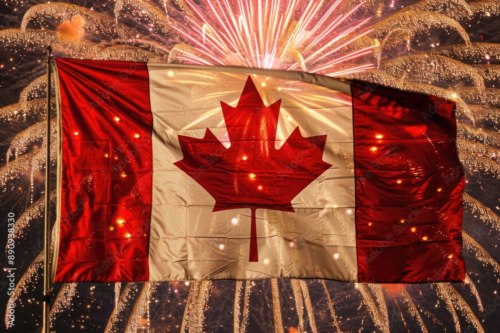 Aufkleber a canadian flag waving in the air with colorful fireworks exploding in the background