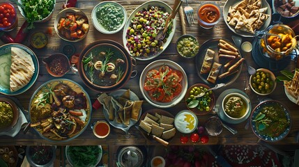 Crystal-clear shot of a vibrant Mediterranean mezze spread, various dishes, rustic table, style