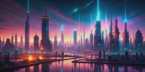 Obraz premium Futuristic neon cityscape glows with pulsing digital elements, void of human presence, evoking a serene sci-fi atmosphere, perfect for meditation and futuristic urban landscapes.