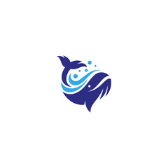 Whale logo with waves in blue flat vector design style