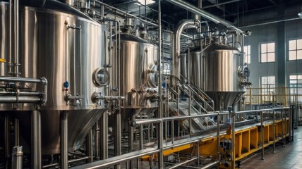 A modern beer factory operates with precision, producing natural beer. The production line is fully automated