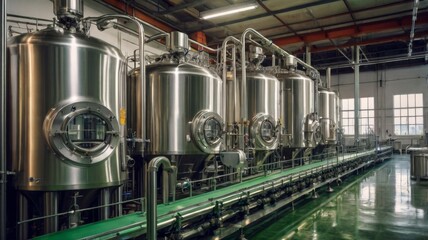 A modern beer factory operates with precision, producing natural beer. The production line is fully automated