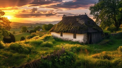 Traditional thatched cottage in a lush green landscape at dawn