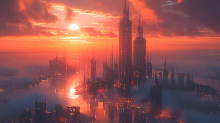Fototapeta premium digital cities with skyscrapers and sci-fi landscapes