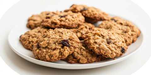 An image of traditional oatmeal raisin cookies, featuring golden-brown, slightly crinkled tops with visible oats and raisins
