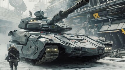 Advanced Sci-Fi Tank with Integrated Radar and Sensor Arrays Patrolling Futuristic Military Base