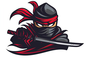 A fierce ninja with a katana drawn ready to strike framed by a stylized red and black wave