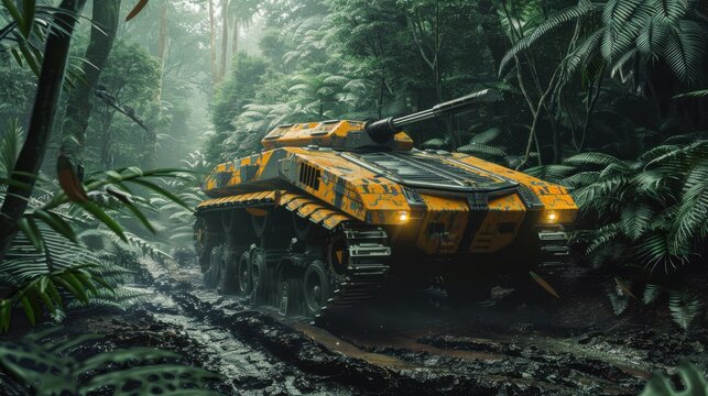 Advanced Futuristic Tank with Adaptive Propulsion System in Alien Jungle Exploration Realistic Photo