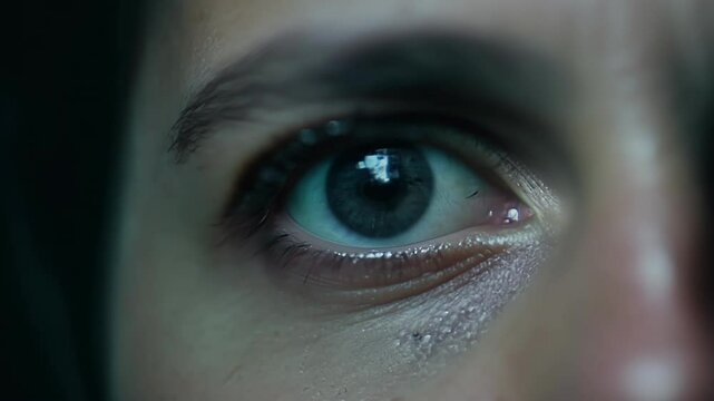 A persons eyes widening in terror as they catch a glimpse of soing inexplicable lurking in the shadows.