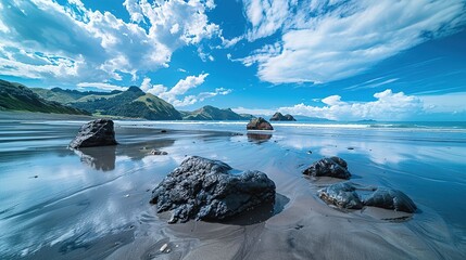Serene Coastal Landscape with Black Rocks and Blue Sky