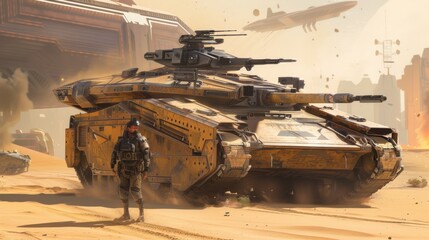Advanced High-Tech Tank Patrolling Futuristic Desert Outpost with Modular Armor and Adaptable Weapon Systems - Realistic Military Technology Image