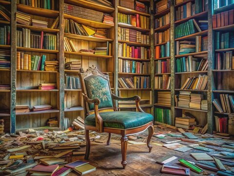 Vibrant colors and abstract bookshelves surround an empty, ornate chair, evoking a sense of abandoned joy, with scattered papers and books, in a eerily quiet atmosphere.